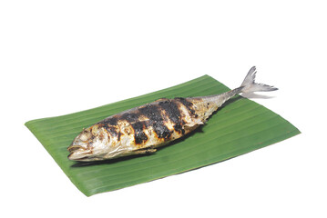 Grilled fish on banana leaves on white background. (With Clipping Path).