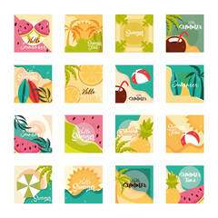 hello summer travel and vacation season banner icons set