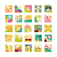 hello summer travel and vacation season banner icons set