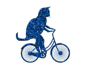 Cat Blue classic bicycle bicyclist rider, glitter pet on white background, kitten pet Animal illustration