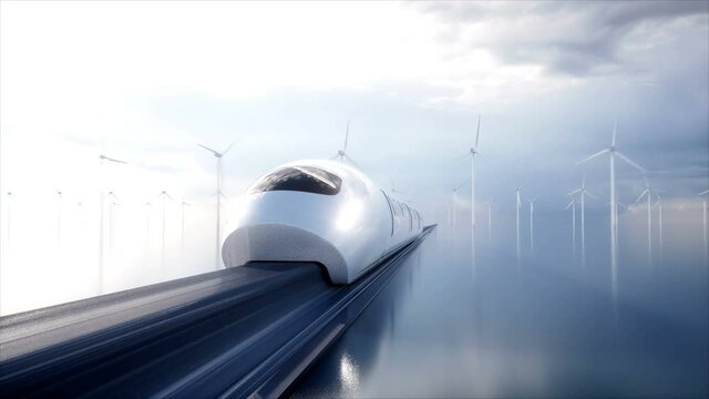 speedly Futuristic monorail train . Concept of future. People and robots. Water and wind energy. Realistic 4K animation.