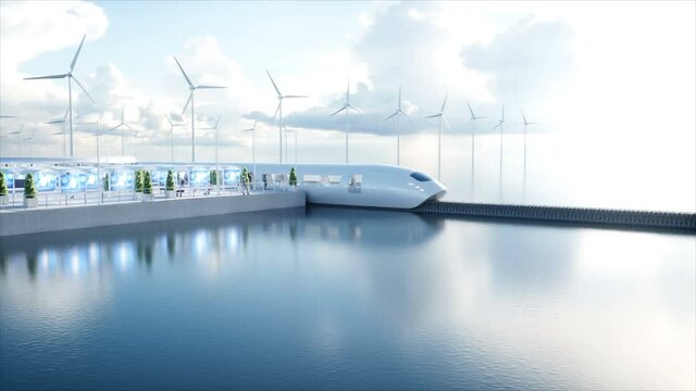 speedly Futuristic monorail train. Sci fi station. Concept of future. People and robots. Water and wind energy. Realistic 4K animation.