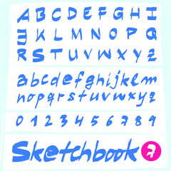 Sketchbook inspired capital hand lettering alphabet font family with thin and thick lines in lower and upper case with numbers 