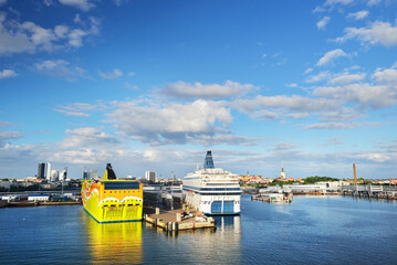 Passenger ship (cruise liner) anchored in port of Tallinn, Estonia. Baltic sea. Buildings and...