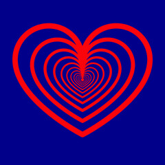 Concentric, optical outline heart illusion in red color on dark blue background growing from the middle to the outer edge