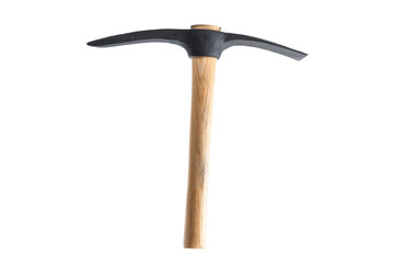 Mining equipment and tools concept with photograph of heavy duty pick axe isolated on white...