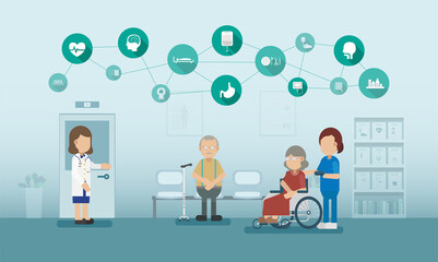 Health check concept with doctor and icons flat design vector illustration