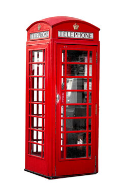 Telecommunication and iconic British items concept with photograph of public telephone box or pay phone booth isolated on a white background with clipping path cutout