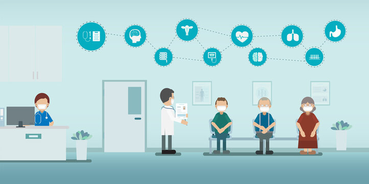 Health check concept with doctor and icons flat design vector illustration