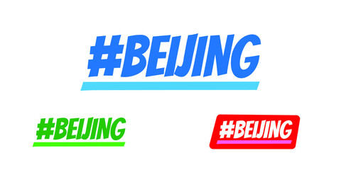 Hashtag Beijing City Vector Logo for marketing, tourism, travel, and events promotion in blue, green and red font on white background
