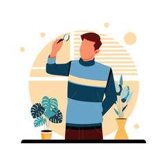 portrait of man holding a magnifying glass, flat design concept. vector illustration