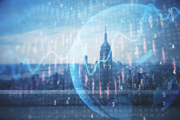 Obraz premium Forex graph on city view with skyscrapers background multi exposure. Financial analysis concept.