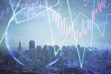 Forex graph on city view with skyscrapers background multi exposure. Financial analysis concept.