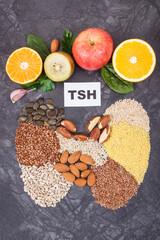 Inscription TSH and thyroid shape made of healthy ingredients. Source natural vitamins