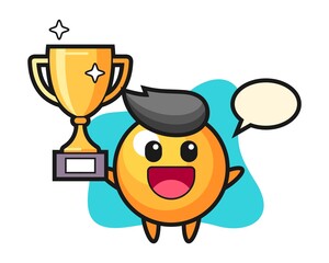 Ping pong ball cartoon happy holding up the golden trophy