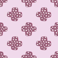 Hand drawn cross seamless pattern on pink background. Doodle plus sign wallpaper.