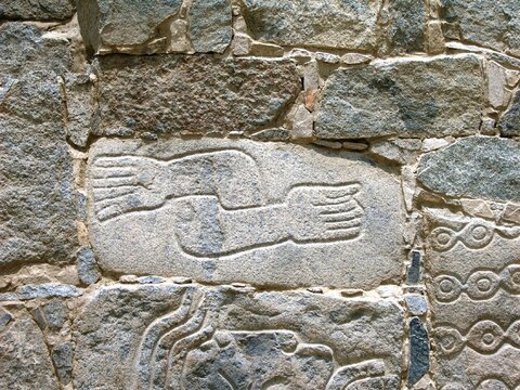 Relief representing severed arms at archaeological complex Sechin near Casma (central coast of Peru