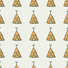 Hand drawn teepee seamless pattern on light background. Native style. Tribal wallpaper.