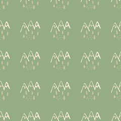 Seamless pattern with trees and mountains on green background. Geomteric endless woodland wallpaper.