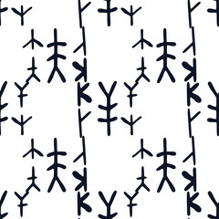 Tribal symbols seamless pattern isolated on white background. Ancient ethnic endless wallpaper.