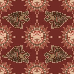 Viking tribal sun and wolf tattoo design for Seamless pattern vector with red brown urban color tone background 