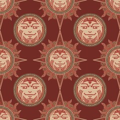 Viking tribal sun face tattoo design for Seamless pattern vector with red brown urban color tone background 