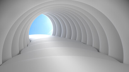 Abstract background of a white tunnel with a staircase leading to the light. Light at the end of the tunnel. Mockup of the geometric shape of the scene to represent the product. 3D Rendering