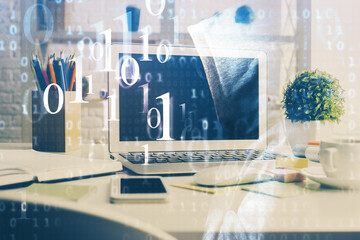 Multi exposure of desktop computer and technology theme hologram. Concept of software development.