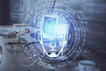 Multi exposure of work table with computer and brain hologram. Brainstorm concept.