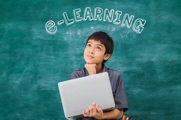 Asian happy school boy thinking and holding laptop on black board with e-learning text background.Creative online education of kid student concept.