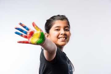 Cute Little Girl Showing Painted Hand or Colourful Palm