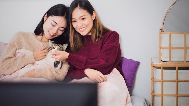 Young beautiful Asian women lesbian couple lover watching television on bed with cat together in bed room at home with smiling face.Concept of LGBT sexuality with happy lifestyle together.