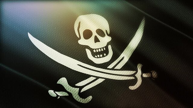 4k Looping Pirate flag Skull with flagpole waving in wind;fully digital rendering;The 3D animation loops at 20 seconds seamless loop background.