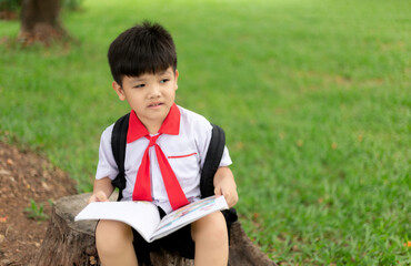 Cute little child reading a book on green grass in park