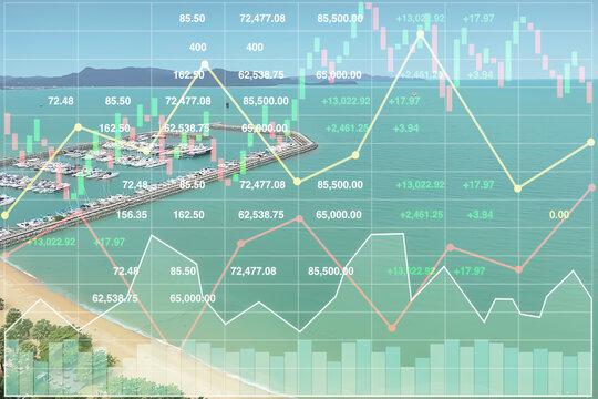 Stock financial index data show investment information on travel and tourist industry with aerial panorama view of peaceful turquoise ocean and marina port with ships background.