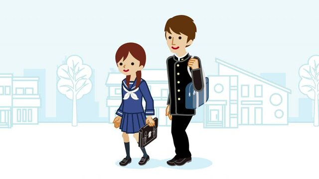 Couple of cartoon Japanese high school students walking animation, parallax townscape background
