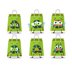 Recycle bag cartoon character with sad expression