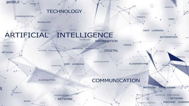 4k 3d abstract Digital background with graph made of dot particles.artificial intelligence word tag cloud.abstract neon geometrical lines with moving triangles and connection dots. 