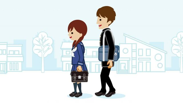 Couple of cartoon Japanese high school students walking animation, parallax townscape background - side view