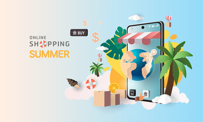 shopping online with phone Mobile Application Marketing Digital marketing, credit cards and shop elements. Vector illustration summer season and delivery online