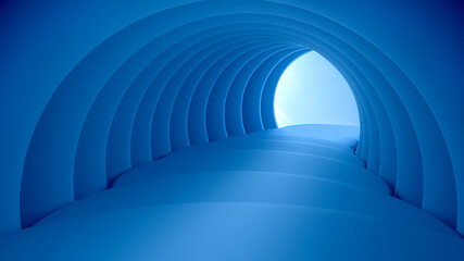 Abstract background of a blue tunnel with a staircase leading to the light. Light at the end of the tunnel. Mockup of the geometric shape of the scene to represent the product. 3D Rendering