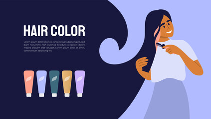 Design template with young woman dyeing hair. Layout with text and set of tubes with colored cream. Cute girl making hairstyle, painting strand of hair in pop colors. Beauty care vector illustration