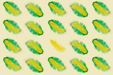 Yellow and green feathers isolated on yellow background. Pattern. Concept: Not like everyone. Loneliness.