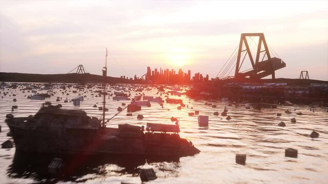 Apocalypse sea view. Destroyed bridge. Armageddon concept. Super realistic 4K animation.