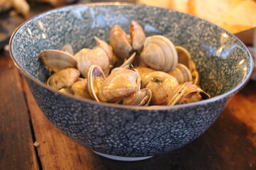 mussels, clams on the table. Seafood in a restaurant