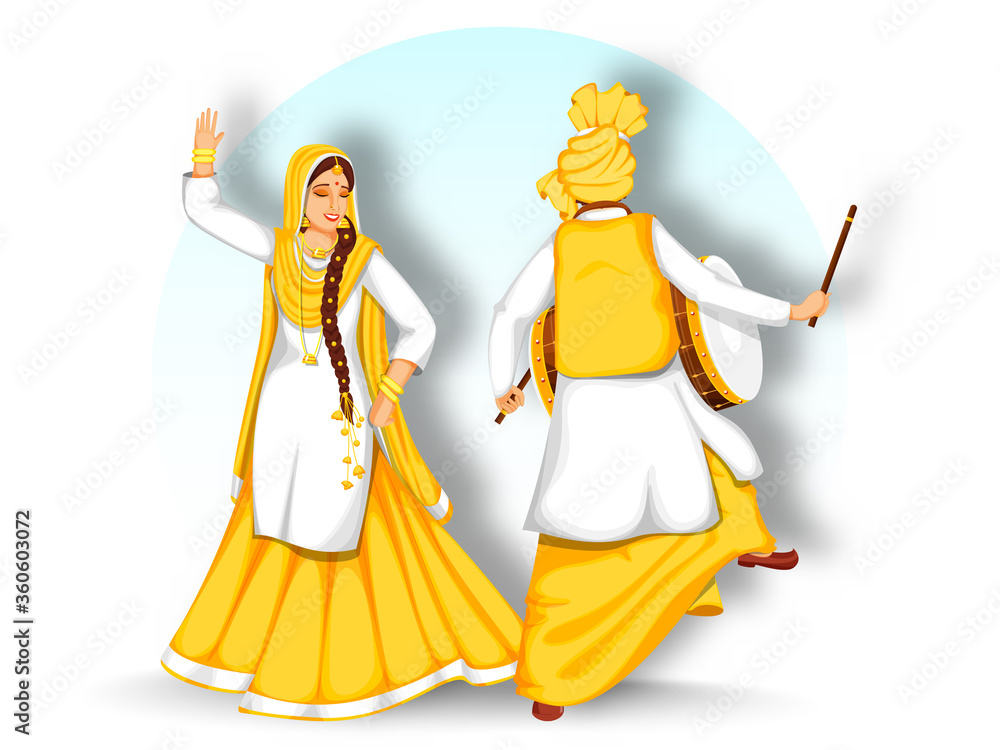 Poster Back View of Punjabi Man Playing Dhol (Drum) and Woman Performing Bhangra Dance on White Background.