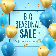 Big Seasonal Final sale text, special offer blue banner celebrate background with gold foil and blue air balloons. Realistic vector stock design for shop and sale banners, grand opening, party flyer