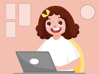 Cartoon Girl Using Laptop on Peach Background.
