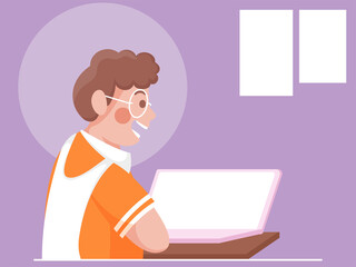 Fototapeta na wymiar Cartoon Boy Using Laptop on Purple Background.