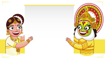 Kathakali Dancer and South Indian Woman holding a Blank Paper on White and Yellow Background.